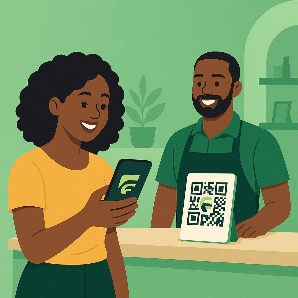 Illustration d’une main tenant un smartphone scannant un code QR au comptoir d’un magasin, dégradés doux, propre, promo d’application, style vectoriel moderne